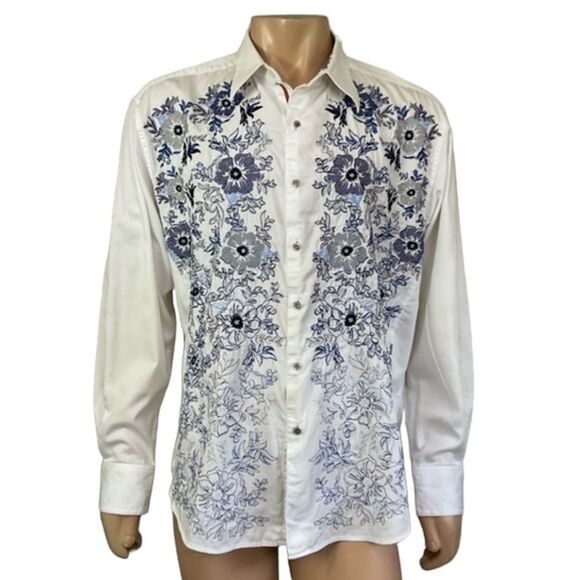 Robert Graham Other - Robert Graham White Blue Floral Cotton Button Up Long Sleeve Shirt Size 2XL